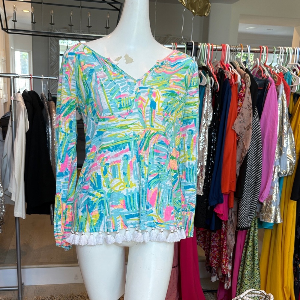 Lilly Pulitzer Multi-Color Long-Sleeve V-Neck Tassel Top
